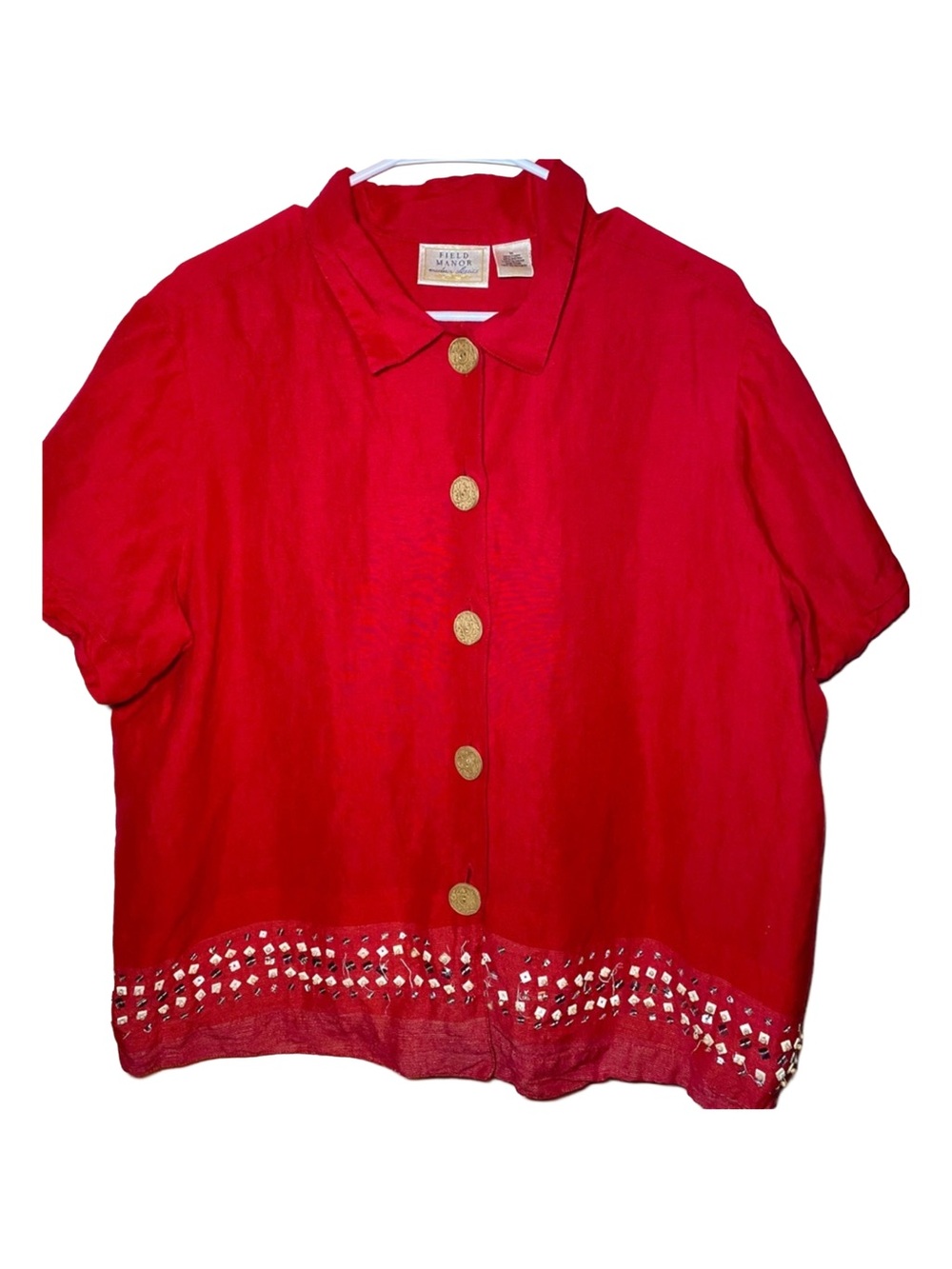 Field Manor Modern Classics Women’s Red Linen Button Up Top, XL‎